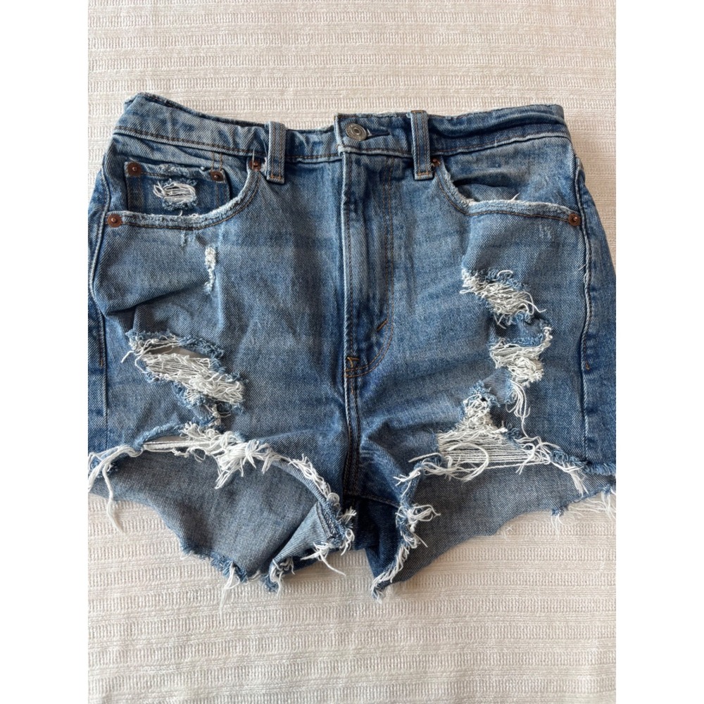 Abercrombie & Fitch The Mom Short High Rise Distressed Denim Blue Shorts‎ 25 0